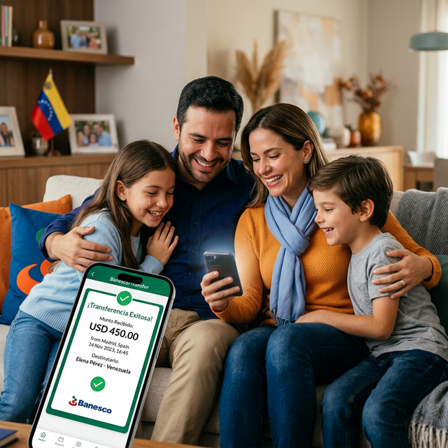 Familia revisando una transferencia internacional desde el celular